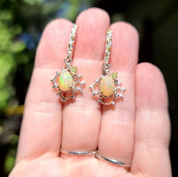Opal & Peridot honeycomb sterling & gold Earrings - Picture 1 of 8